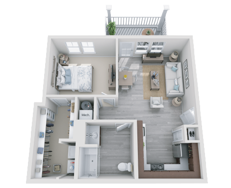 this is a 3d floor plan of a 757 square foot 1 bedroom apartment at the